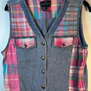 Vintage Carole Little Sport Denim Madras Vest SZ LG Cottage Core Western Hippie